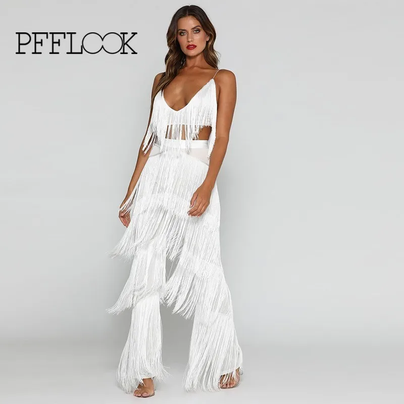 

PFFLOOK Tassel Sexy Two Piece Set Spaghetti Strap High Wasit Two Piece Set Top And Pants Women Elegant Party 2 Piece Outfits