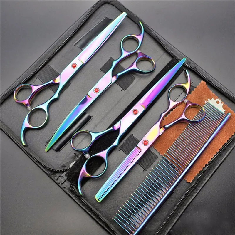 

Hot Sale Pet Hair Cut Colorful Scissors Clippers Flat Tooth Cut Pets Beauty Tools Set Kit Dogs Grooming Hair Cutting Scissor Set