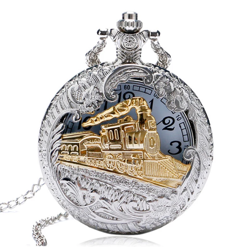 

Vintage Silver Case Gold Train Locomotive Hollow Quartz Pocket Watch Necklace Pendant Ms. Men's Gift
