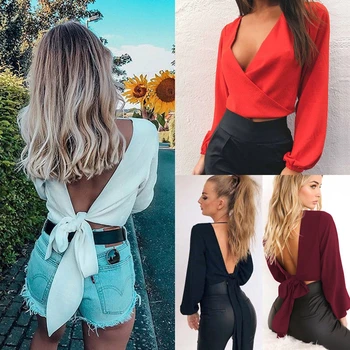 

Summer Women Casual Blouse Long Sleeve Shirt Full Sleeve V Neck Backless Bow Short Chiffon Blouse Women Sexy Club Party Shirts