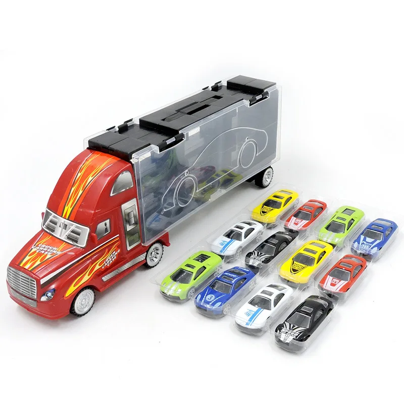 

Alloy Metal 12Pcs Cars And 1Pcs Truck Transport Car Carrier Truck Simulation Car Portable For Kids Birthday Christmas Boys Toy