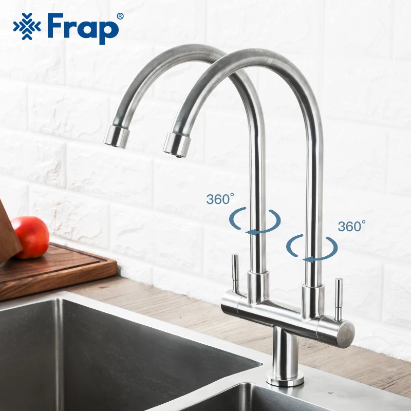 

Frap Kitchen Faucet 304 Stainless Steel single cold water universal tube double pipe outlet faucet sink wall out of the rotation