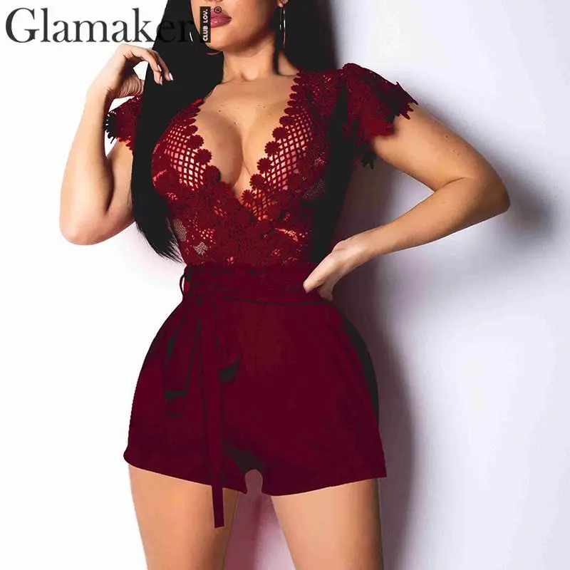 

Glamaker Lace patchwork v-neck summer jumpsuit romper Women elegant bodycon transparent short playsuit Ladies black overalls