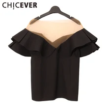 CHICEVER Лоскутная Сетка Топ Женская футболка с рюшами короткий рукав женская рубашка прозрачная с открытыми плечами сексуальные топы Одежда корейский