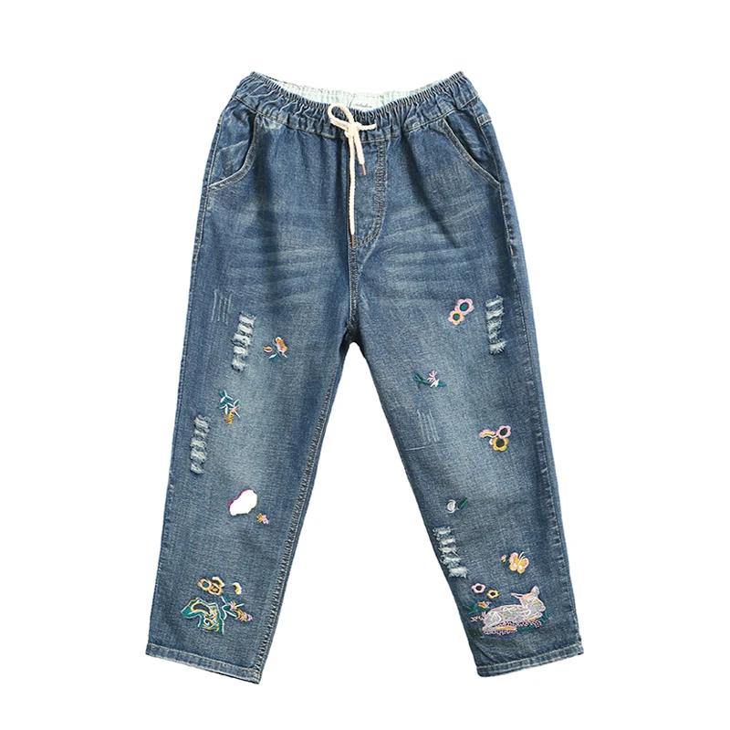 Vintage Floral Embroidery Harem Jeans Woman 2019 New
