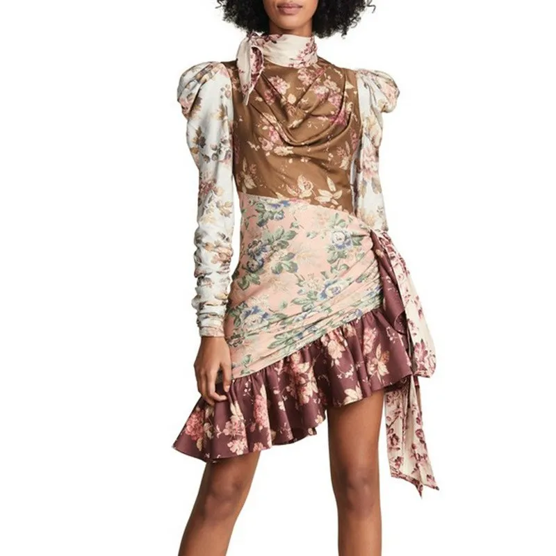 Imprimer Dentelle Manches À Bouffantes Up Robes Volants Haute Femme Taille Évider Asymétrique Multi Robe 0BEq4w