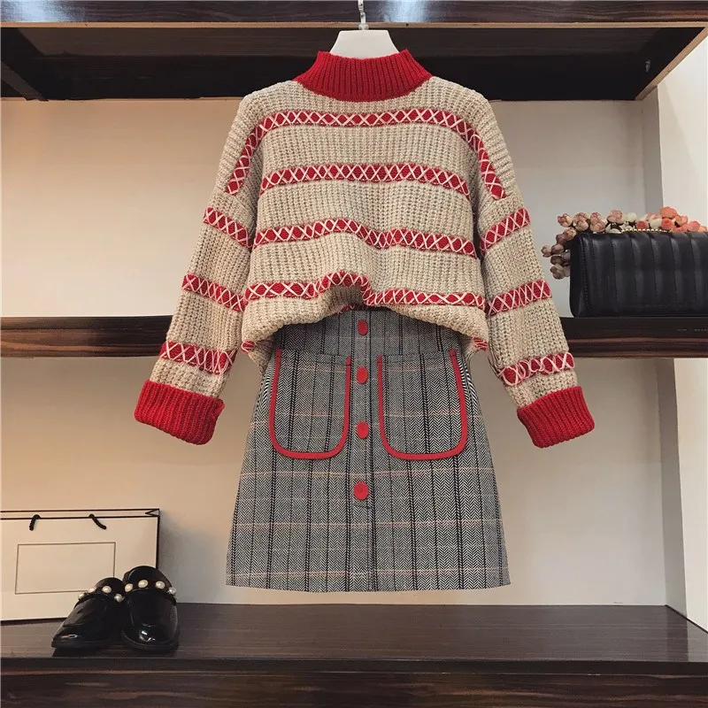 

Women Knit Long-sleeve Sweater Skirt Suits Women Sweet Pullover Knit Sweater Top A-line Gird Skirt Women's 2pcs Set
