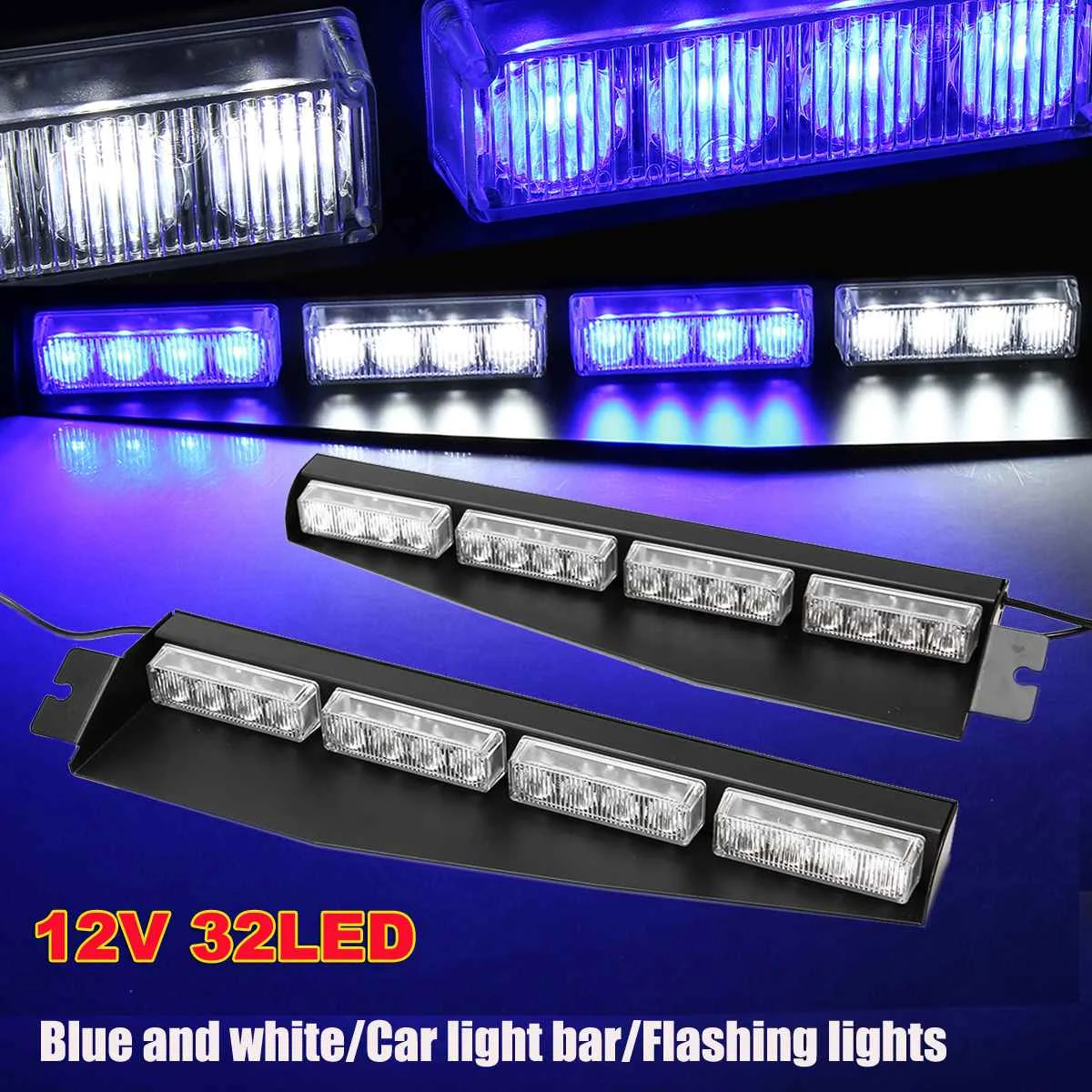 

32 LED Car Emergency Light Warning Strobe Visor Led Light Split Mount Deck Dash Lightbar Auto Blue/White Color Signal Lamp