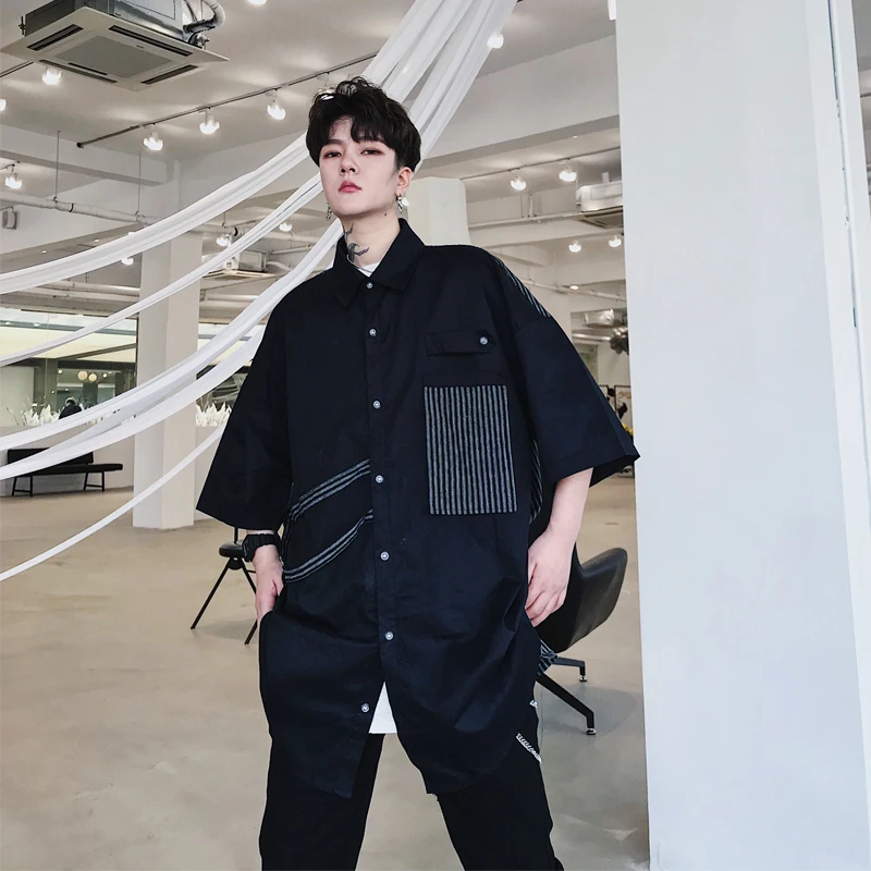 

Men's Shirt 2019 Summer New Youth Pop Stripe Loose Shirt Men's Handsome Pointed Five-Sleeve Individuality Casual Men's Wear