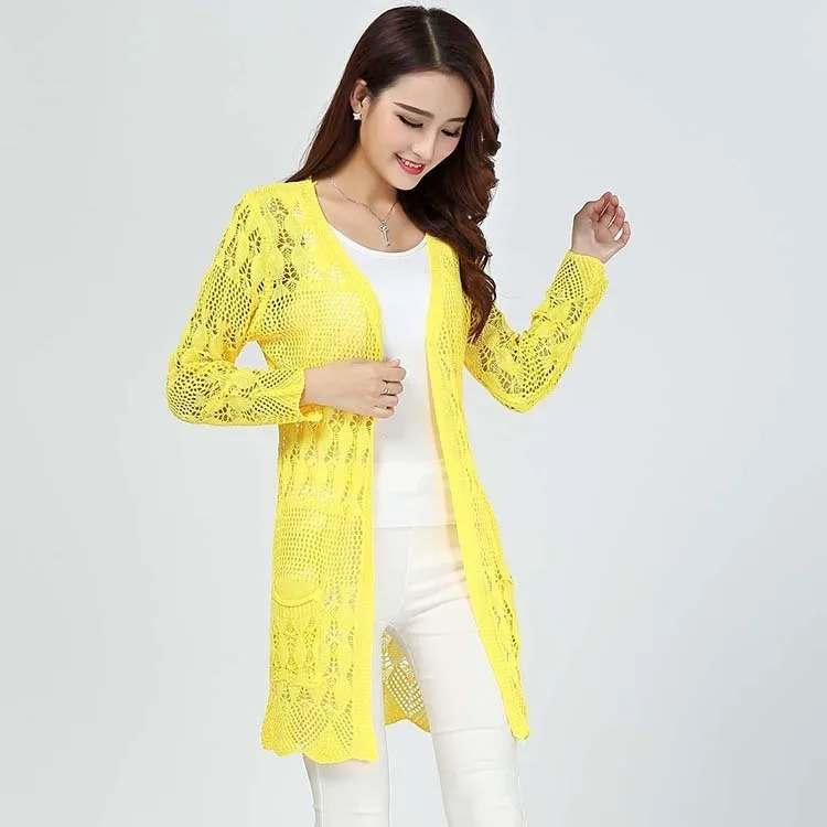

2019 Spring New Women Long Sleeve Knitting Cardigans Sweater Jacket Fashion Floral Hollow Out Candy Colors Pockets Long Sweaters