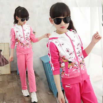 

Children Clothes 2018 Autumn Girls Clothes Cotton Coat+Pant 2pcs Big Girl Flower Sport Suit For Girls Clothing Sets