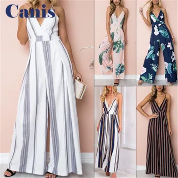 

Fashion Women Jumpsuit Sleeveless Striped Jumpsuit Summer Romper Wide Leg Trousers Womens V-neck Casual Clubwear Outfits