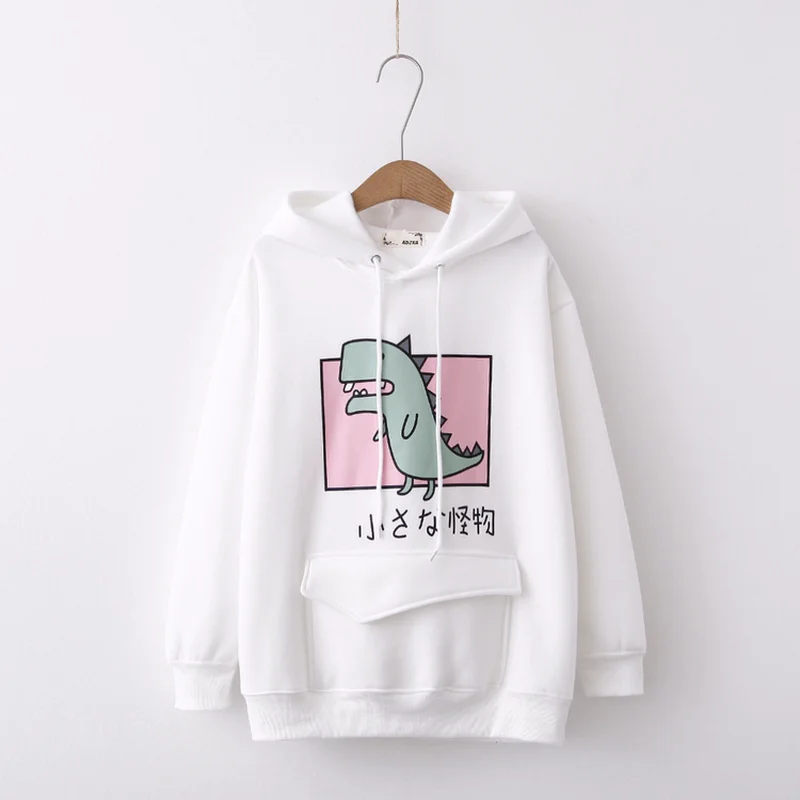 

Women Korean Autumn Winter Thick Plus Velet Hoodies Student Loose Dinosaur Print Hooded Sweatshirts Female Casual Cute Warm Tops