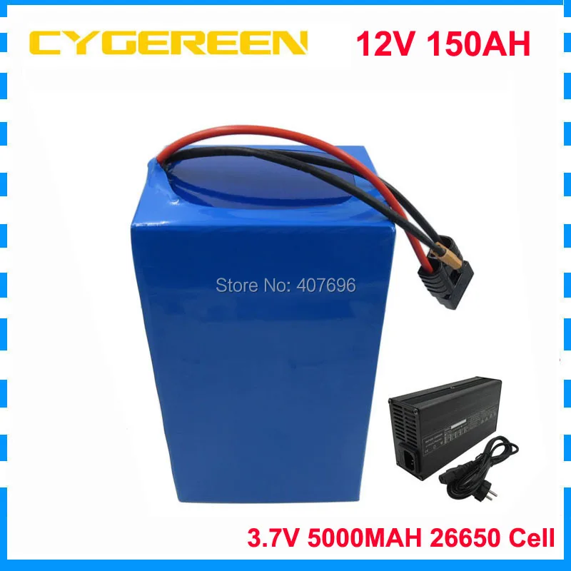 

500W lithium battery 12V 150AH for ebike 12V li-ion Battery 3.7V 5000MAH 26650 cell with 10A Charger 50A BMS