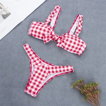 

Hot plaid women bikini set sexy black&white bathing suits swimwear Ruffles Push up triangle swimsuits Beachwear