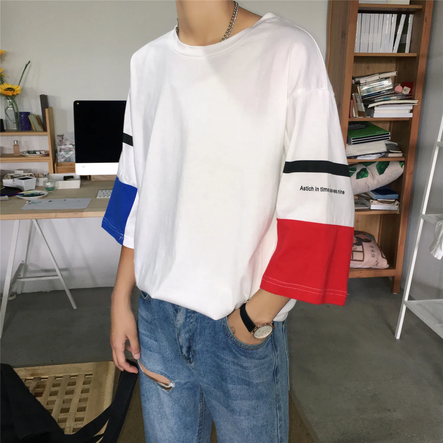 

2019 Summer Men's Leisure T Shirt Seven Part Sleeve Split Joint Tshirt Male Short Sleeve White/black Loose High-quality T-shirt