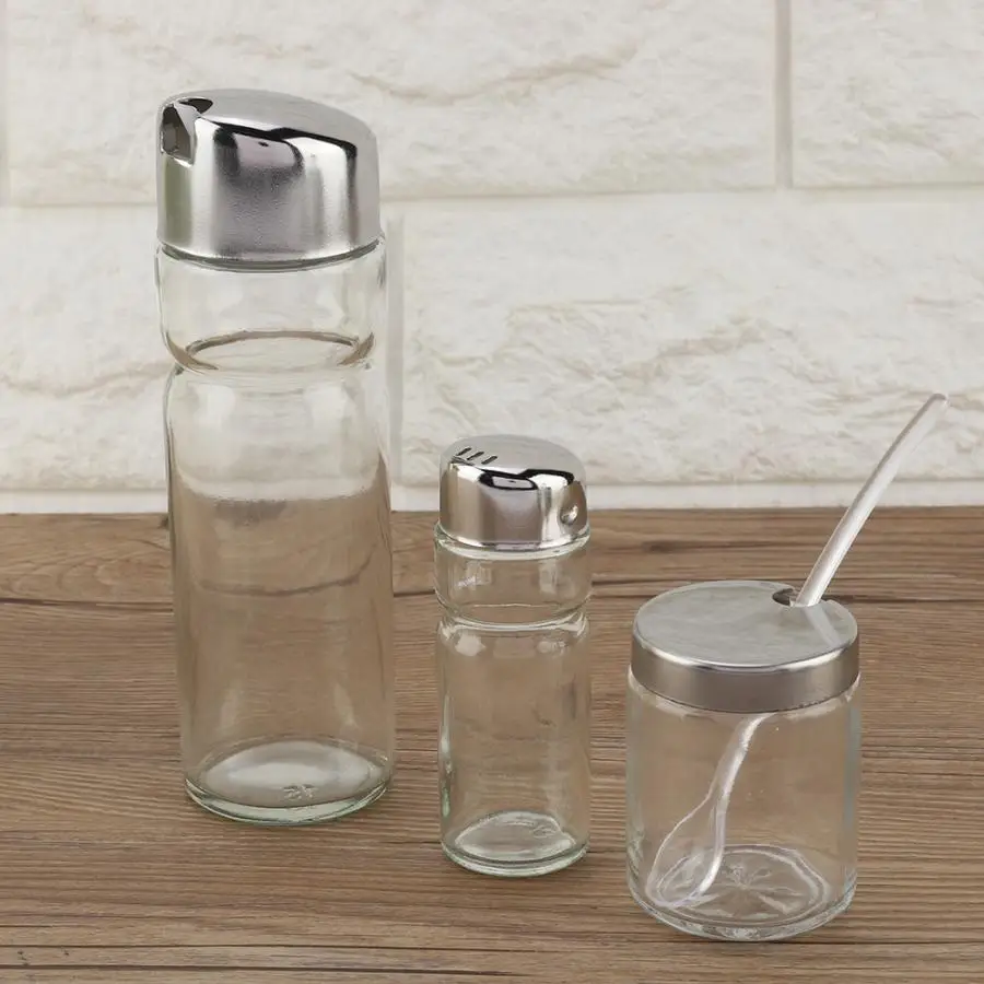 

5Pcs Home Kitchen Stainless Steel Seasoning Box Liquid Bottle Soy Sauce Pot Vinegar Kitchen Kit