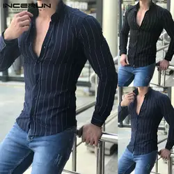 2019 уличная Мужская рубашка с длинными рукавами платье в полоску Мода Slim Fit Мужская футболка рубашка Camisa Hombre V образным вырезом топы