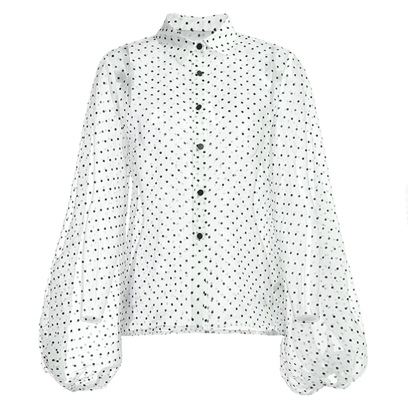  [LIVIVIO] Vintage Polka Dot Long Puff Sleeve Womens Tops and Blouses Plus Size Sheer Shirts 2019 Su