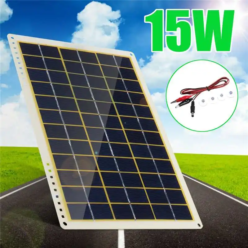 

New15W Solar Panel 12V Polycrystalline Solar Panel with Line Clip 4X Suction Cups for Outdoor Camping Emergency Light Waterproof