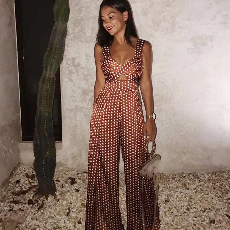 

Fashion Women Polka Dot Print Hollow Out Jumpsuits Sexy Sleeveless High Waist Cropped Jumpsuit Off Shoulder Wide Leg Jumpsuit