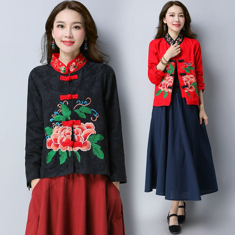 2017 Новый женский китайский тренд вышивка хлопок и лен Свободная куртка