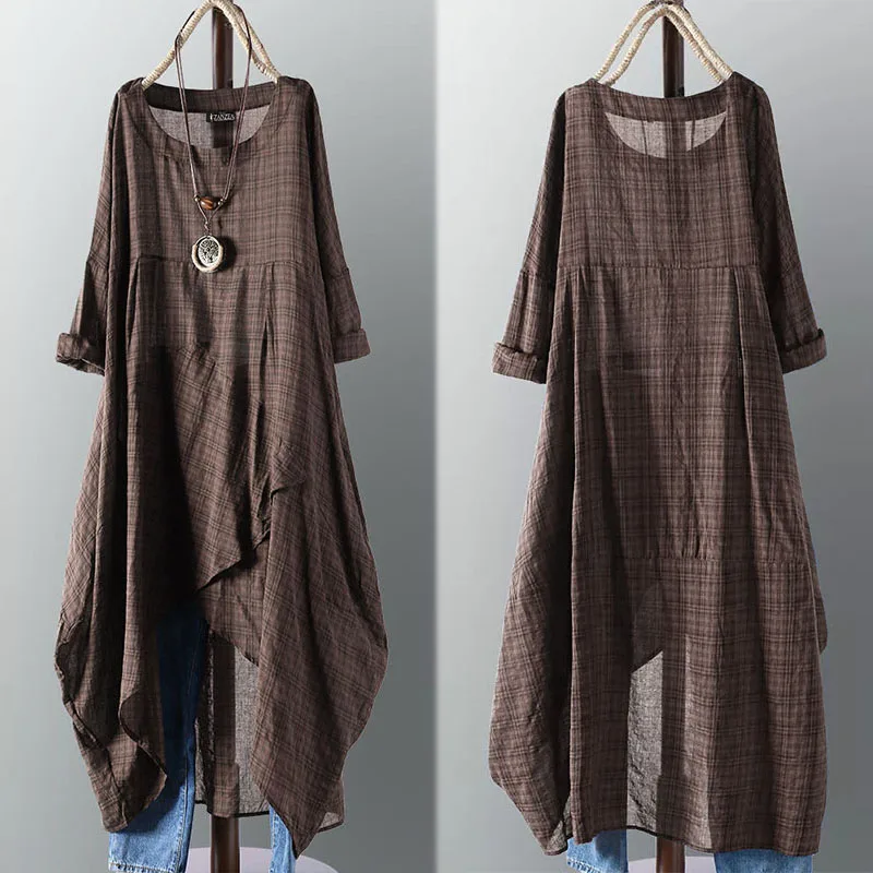 

Asymmetrical Dress Women's Check Dress 2019 ZANZEA Female Long Sleeve Check Plaid Vestidos Summer Sundress Casual Robe Femme 5XL
