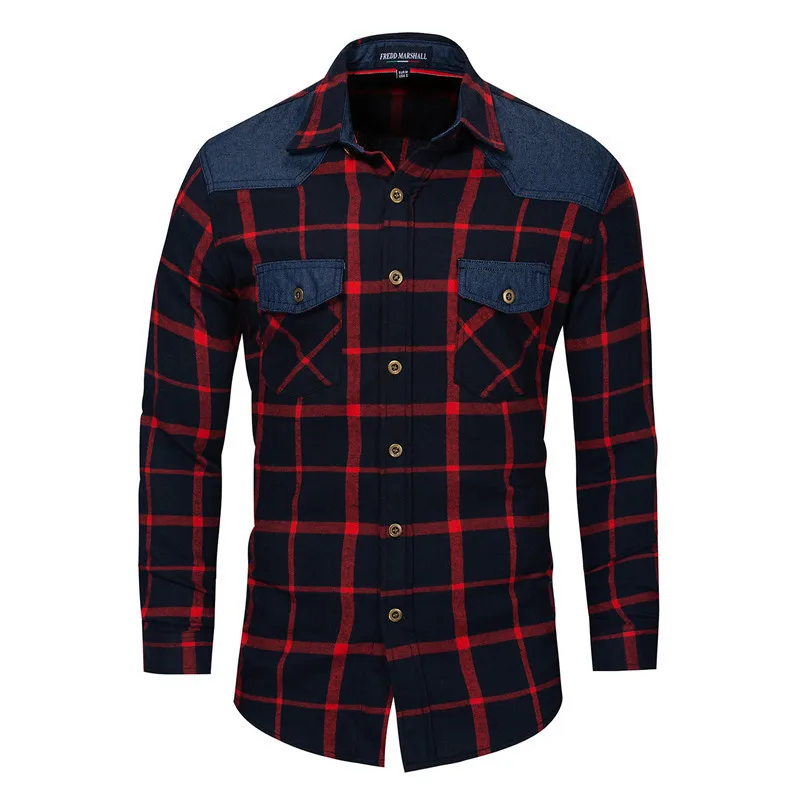 

Fashion Shirt Men Plaid Shirts Cotton Slim Fit Red Khaki 2019 New Spring Long Sleeve Shirt Casual Style Man Clothing EU Size