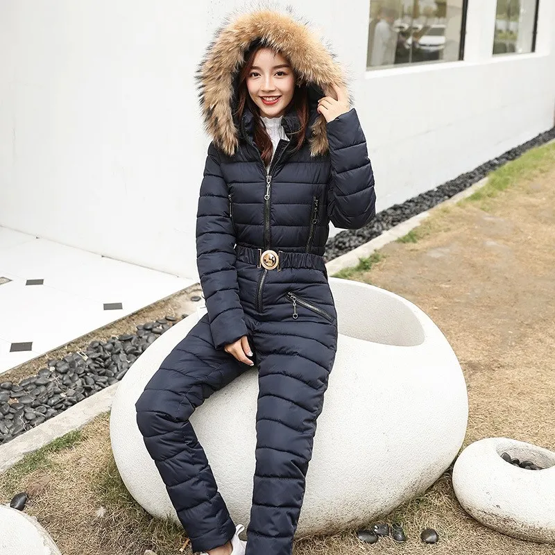 Winter Women Casual Zipper Warm Cotton Padded Hooded Jumpsuits New Solid Color Jacket Coat One Piece Tracksuits
