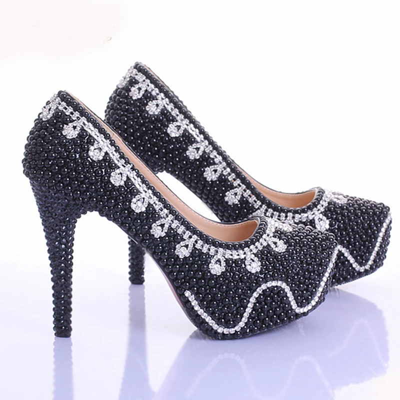 Heels Partie black forme Bal Mariage Femmes Soirée Mariée Black Perle Cristal Noir Printemps Heels 14cm 8cm Robe 11cm De Plate Pompes Bling Chaussures Strass qgp8WRw