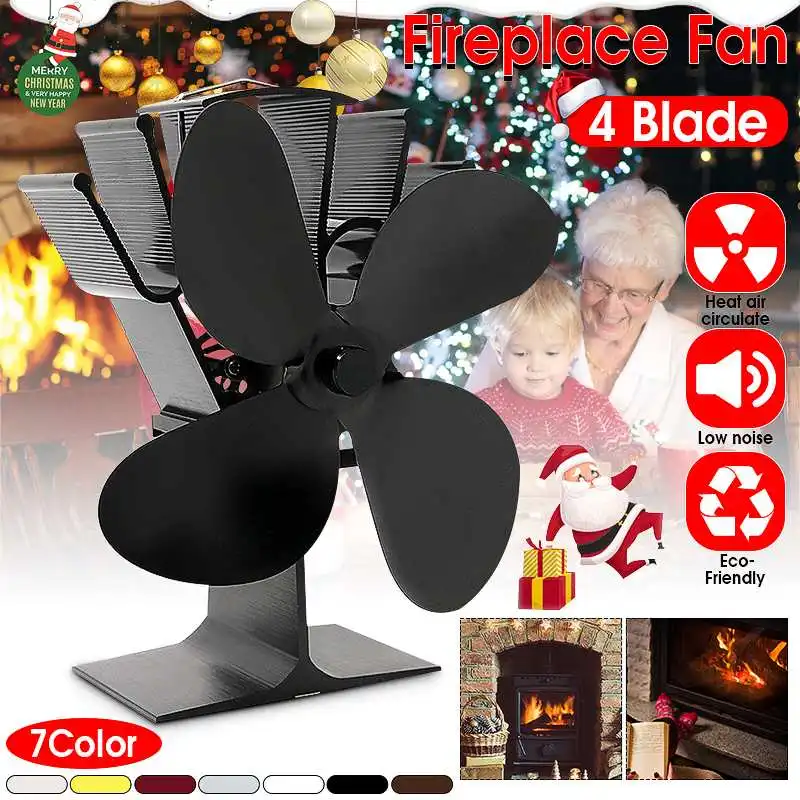 4 Blade Black Fireplace Heat Powered Stove Fan Home Efficient Heat