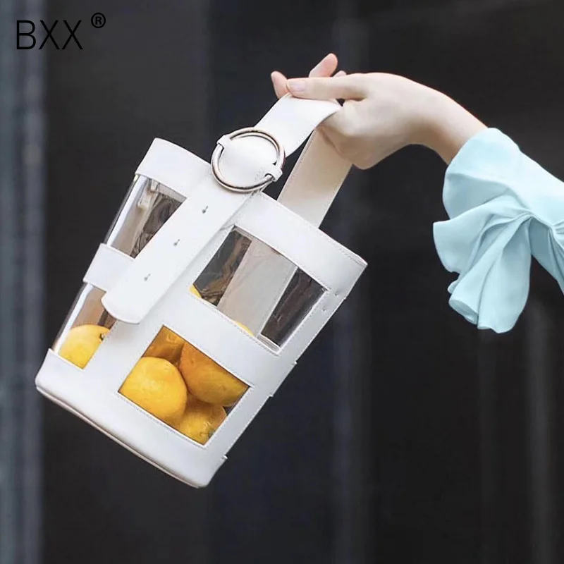 

[BXX] 2019 New Woman Tide Fashion White Color Transparent PVC Spliced Single Strap PU Leather Messenger Bag Handbag LM730