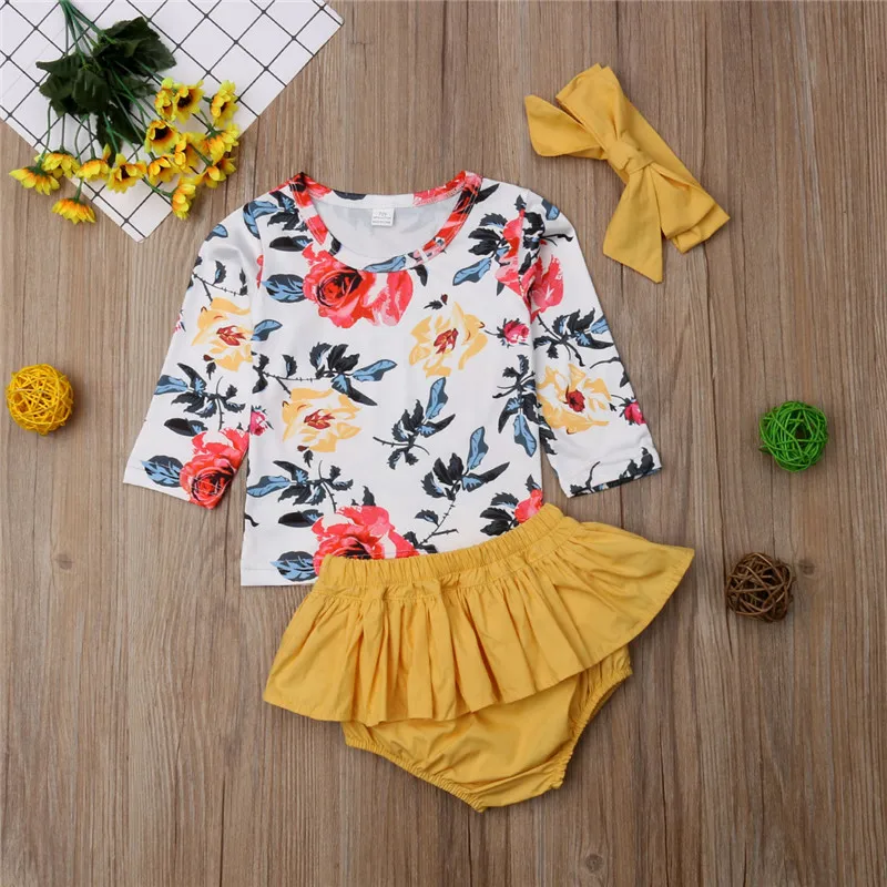 Autumn Long Sleeve Floral T-shirt Ruffle Shorts Girls Clothing Cotton Outfits 3PCs 0-24M Newborn Infant Baby Girl Clothes Set | Детская