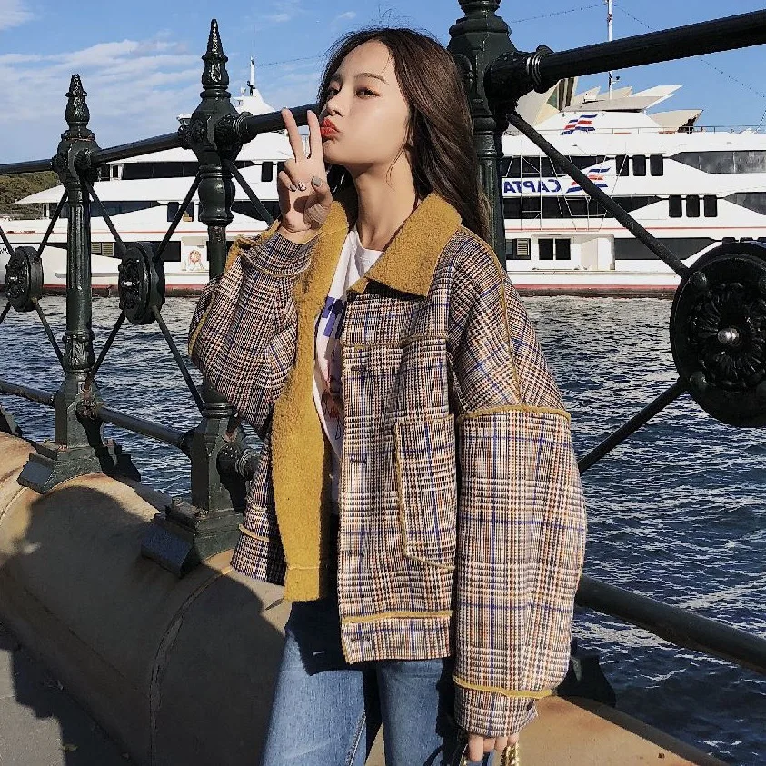 Chic Palto Winter Contrast Color Check Coat Overcoat Woman