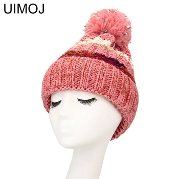 

UIMOJ Fashion Girl 'S Skullies Beanies Pompom Ball Warm Winter Hats For Women Knitted Cap Casual Thick Female Gorros