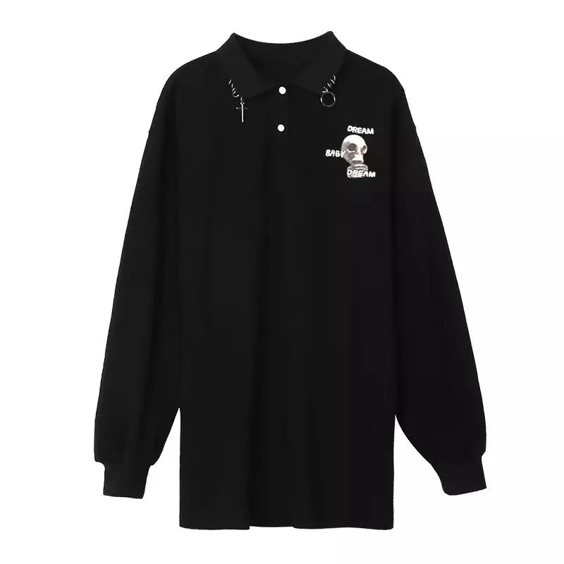 

Harajuku Long T-Shirt Women Long Sleeve Loose Shirt Chic Rings Decoration Collar Punk Tops Tee Black