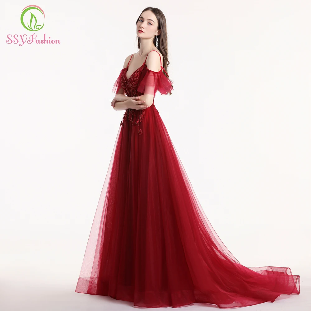 Online SSYFashion Neue Luxus Abendkleid Robe De Soiree Bankett Schatz Burgund Spitze Perlen Sweep Zug Lange Formale Abendkleid