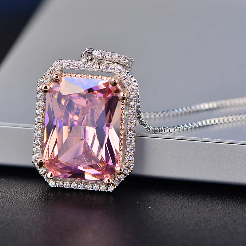 Романтическое свадебное ювелирное изделие, 925 пробы Серебряное женское ожерелье, прямоугольное розовое кварцевое ожерелье, вечерние ожерелья, подарки на помолвку
