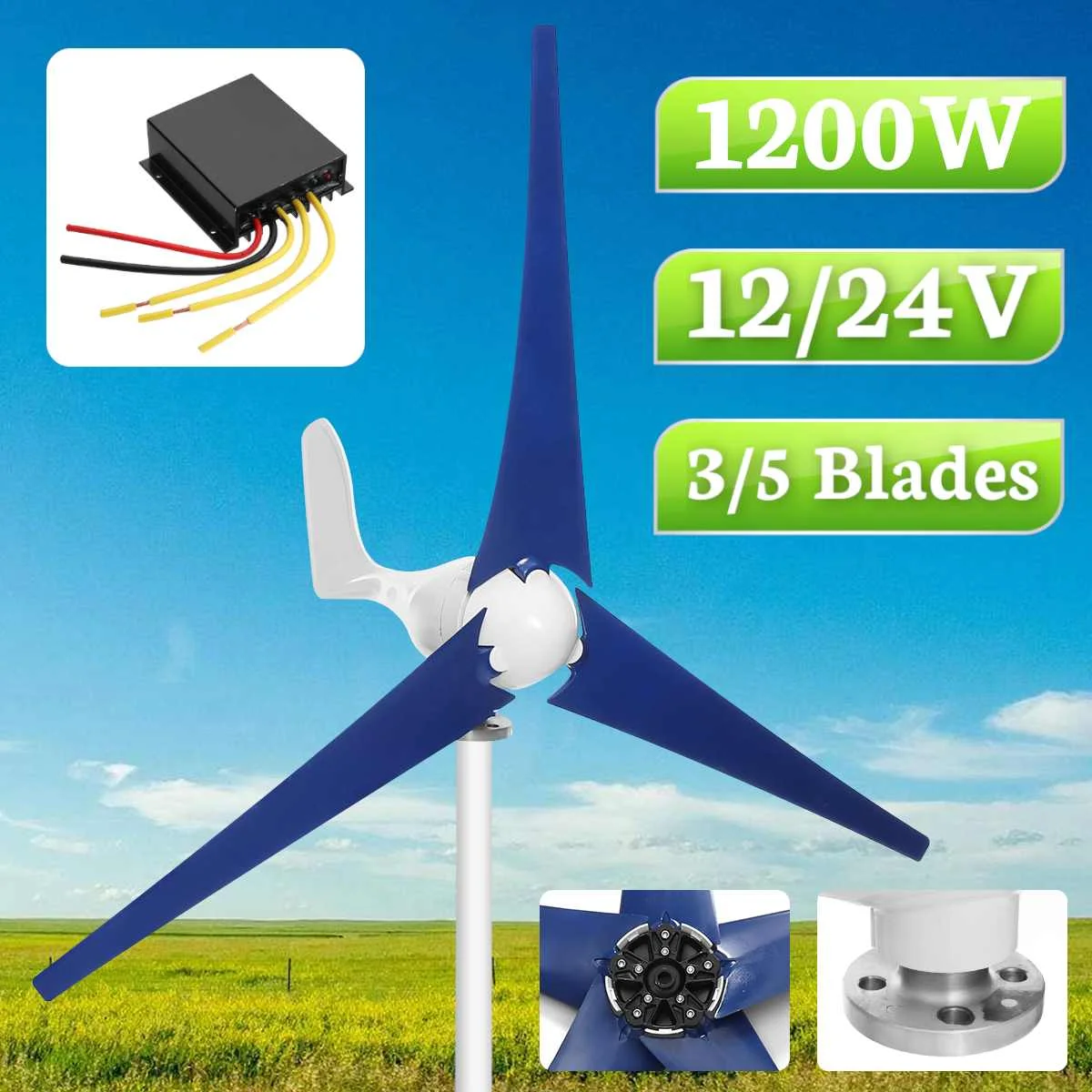 

New Wind for Turbine Generator 1200W 12/24V 3/5 Wind Blades Option Wind Controller Fit for Home Or Camping Nylon Fiber Blade