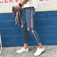 Весенние полосатые тонкие дырки ковбойские штаны для отдыха, плетеные украшения, мужские зауженные джинсы S-2XL