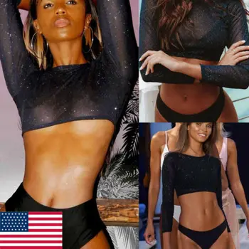 

New Women See through Mesh Sheer Long Sleeve Crop Fashion Top Shirt Blouse