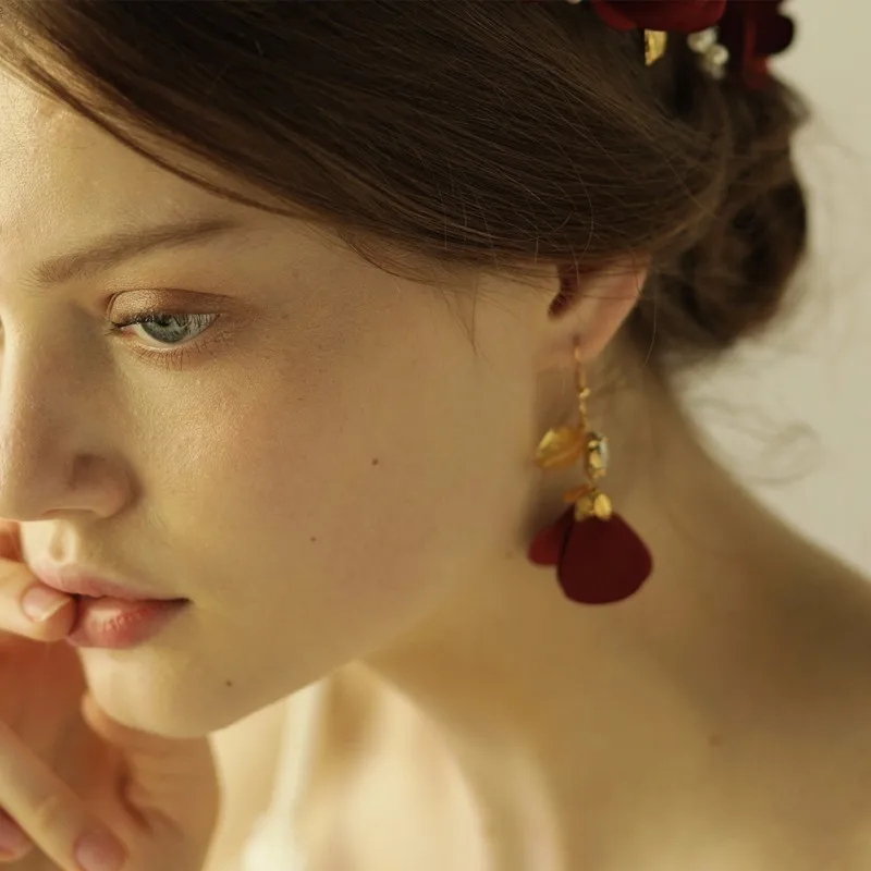 

Red Burnt Edge Flower Bridal Earrings Vintage Style Wedding Hair Accessories High Quality Handmade Hair Ornaments