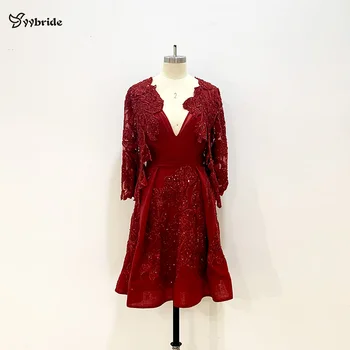 

Luxury Red Lace Beading Cheap Price Stock Prom Dresses V-Neck Two Pieces with Jacket Full Sleeves Above Knee Party Dresses 2019