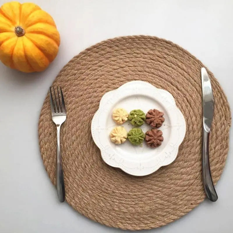 

Placemat Linen Straw Woven Round Thickened Table Anti-Scalding Heat Insulation Placemat Cup Pan Mat Kitchen Accessories