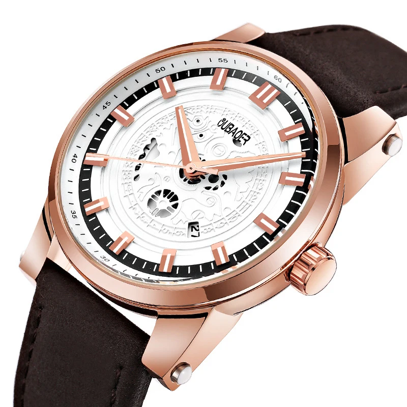 

2018 OUBAOER Men'S Casual Fashion Exquisite Quartz Watch Leather Strap Hollow Face Pointer Luminous Waterproof Man'S Gift