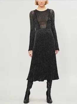 

Vestidos Women Sexy Hollow Out Long Sleeve Thick Rayon Pleated Black Bandage Dress Elegant Designer Celebrity Party Dress