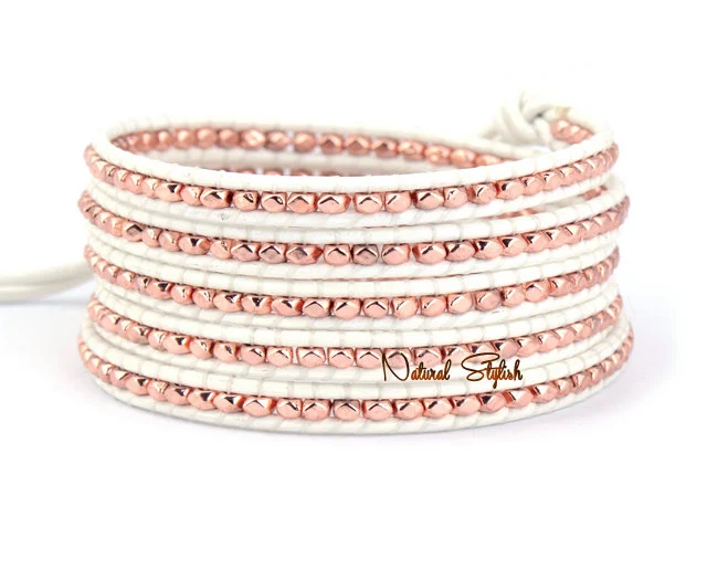 Exquisite 5 Strands Rose Gold Beads White Leather Wrap Bracelet Exquisite 5 Strands Rose Gold Beads White Leather Wrap Bracelet Whole Bead Bohemian