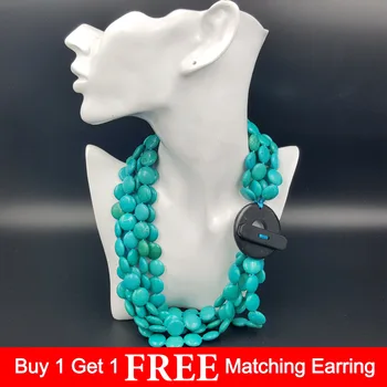 

Fashion necklace Natural Stone 16mm Heating Color Blue Turquoises 5 rows Big Stone Toggle Clasp Necklace 54cm/21inch