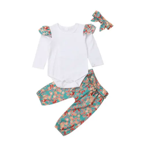 3Pcs Newborn Toddler Baby Boy Floral Ruffles Romper Tops +Floral Long Pants+Bowknot Headband