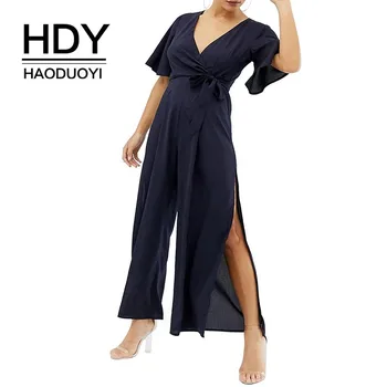 

HDY Haoduoyi Femme Summer Office Sexy V Collar Bow Tie Waist Belt Slit Short Sleeve Connecting Co Wide-legged Jumpsuits